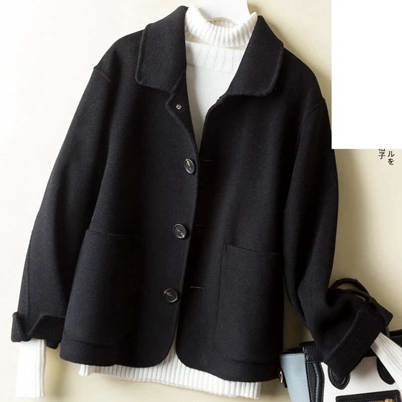 

2019 100% Wool Coat Women Autumn And Winter Jacket Short Double-sided Black Yellow Coat Korean Abrigo Mujer WLP299