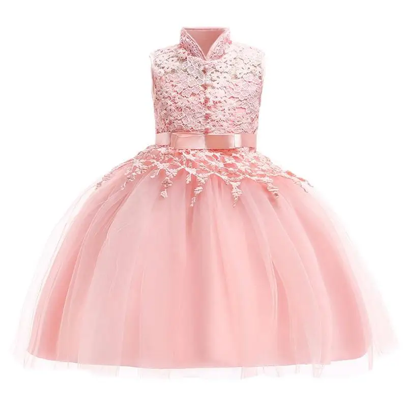 

Girls Mandarin Collar Embroidery Floral Princess Dress Hollow Out Ball Gown