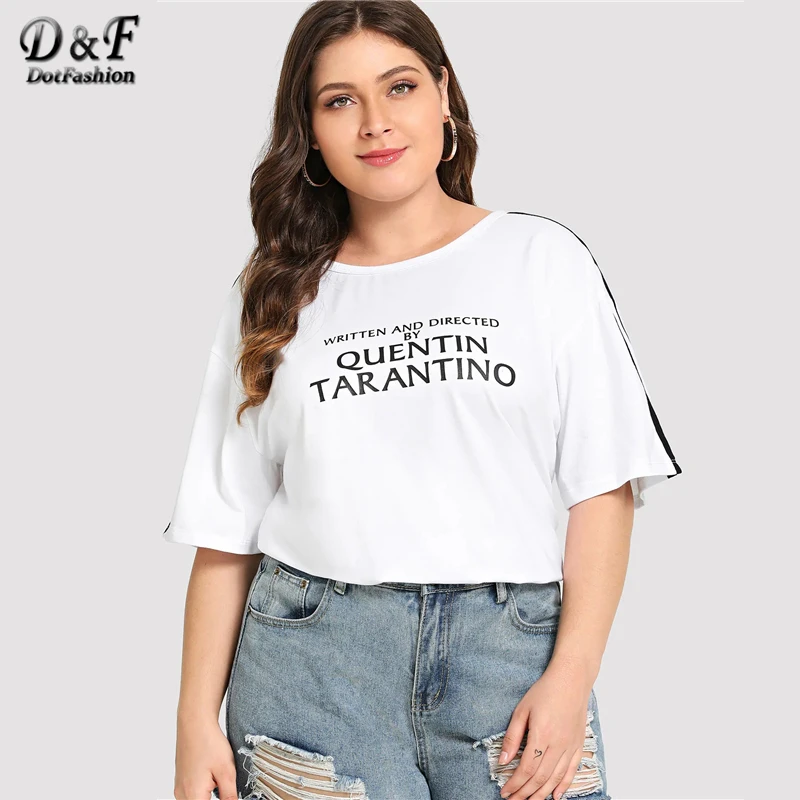 Dotfashion زائد حجم الأبيض إلكتروني طباعة مخطط تونك المحملة الصيف 2019 عارضة قمم المرأة زائد الحجم أزياء الشارع الشهير تي شيرت