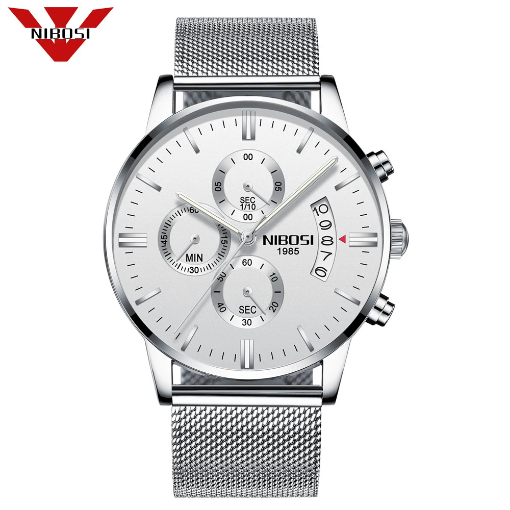 

Genuine Watch NIBOSI Brand Luxury Men Watches Waterproof Business Silver Stainless Steel Mens Quartz Calendar Wrist watch