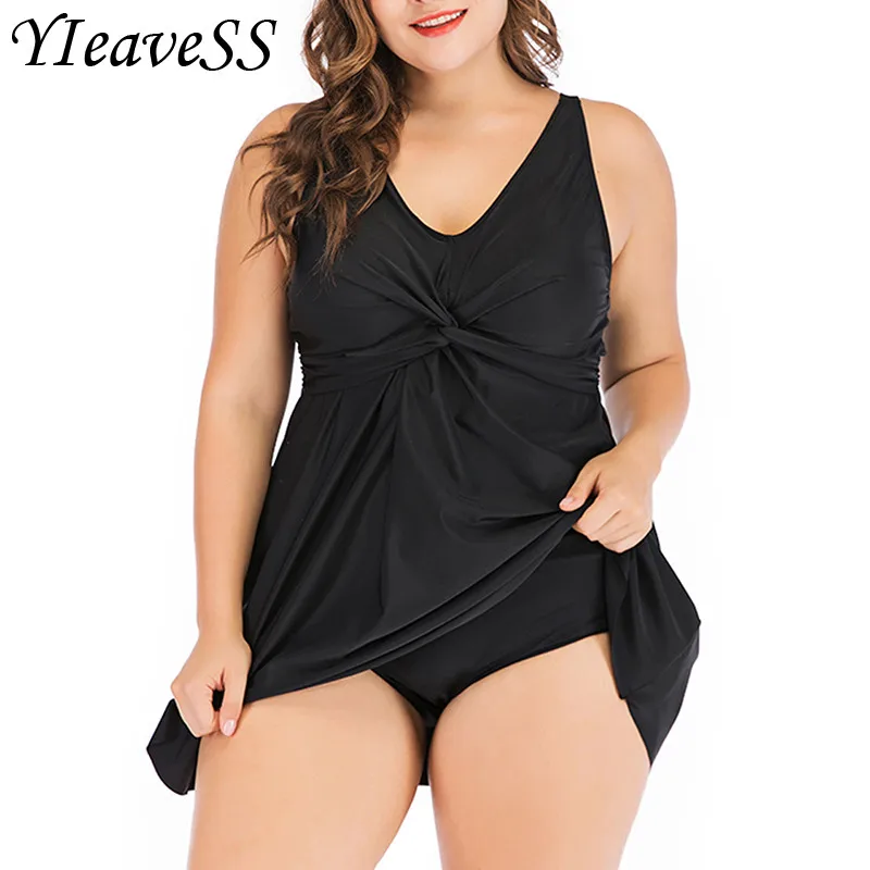 Günstig 2020 Plus Größe Tankini set Frauen Bademode Zwei Stück Schwarz Halter Badeanzug Hohe Taille Bikinis Schwimmen Kleid Badeanzug S  5XL