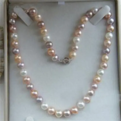 

free shipping 18" 9-10MM AKOYA NATURAL WHITE PINK PURPLE PEARL NECKLACE