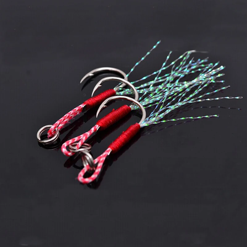 

8pcs/pack 10# to 16# jig assist hook boat jigging fishhook feather roped hook overweight hook fishing accessory tool