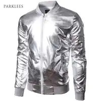 Baseball Jacket Men/Boy Shiny Silver Stand Collar Bomber Jackets Casual Slim Fit Lightweight Metallic Varsity Mens Jackets XXL