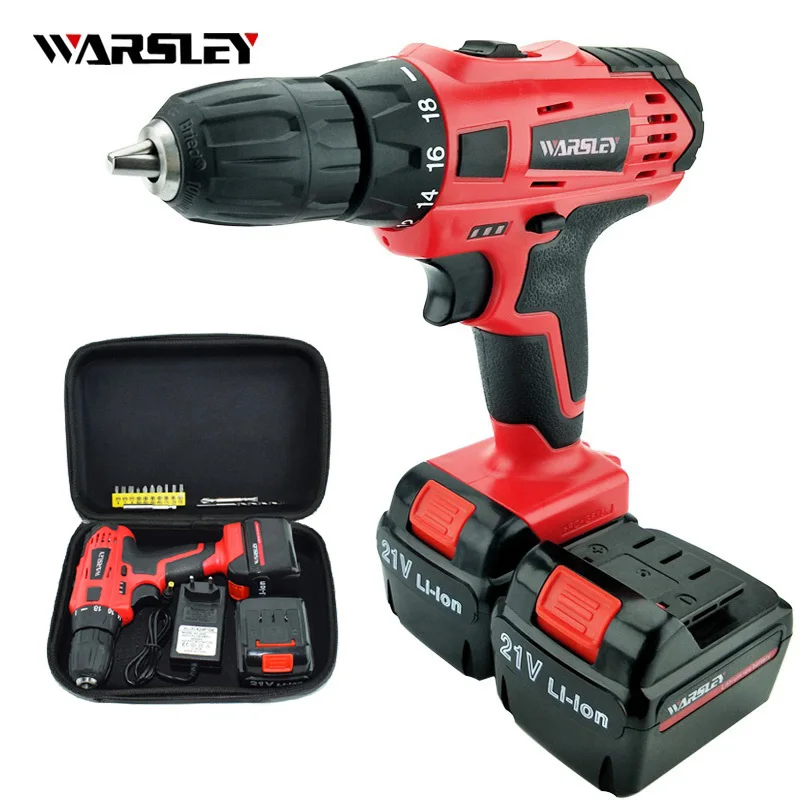 Goedkoop 21 v elektrische Boor Elektrische Accuschroevendraaier power gereedschap multifunctionele draadloze 2 Batterijen boor + Professionele toolbox