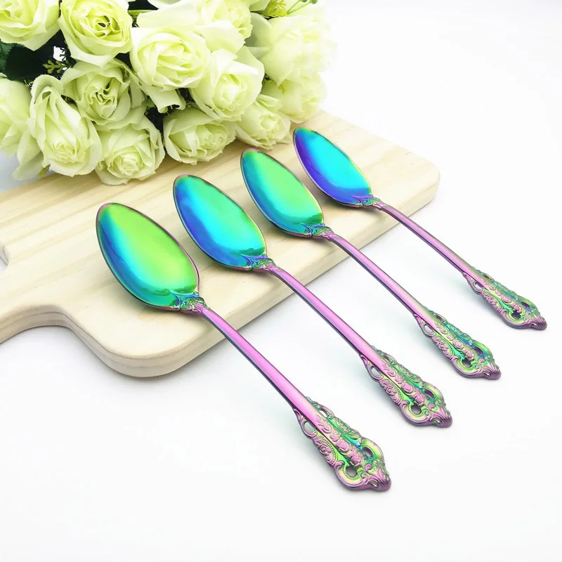 rainbow Cucharas десертная ложка суповые ковши из нержавеющей стали ложка с длинной ручкой винтажные кухонные аксессуары ковш 19,5 см/7,6" 4 шт - Цвет: rainbow