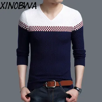

Europe Men's Spring Autumn High Street Fashion Sexy Slim V Neck Knitted Striped Sweater Edward Victorian Style Clothes Pullover
