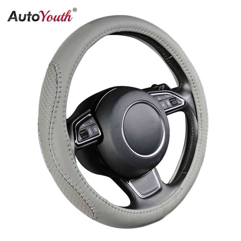 

AUTOYOUTH Gray PU leather Steering Wheel Cover Fish Scale Pattern Splice Bold Line Fits 38cm /15inch auto stuurhoes for most