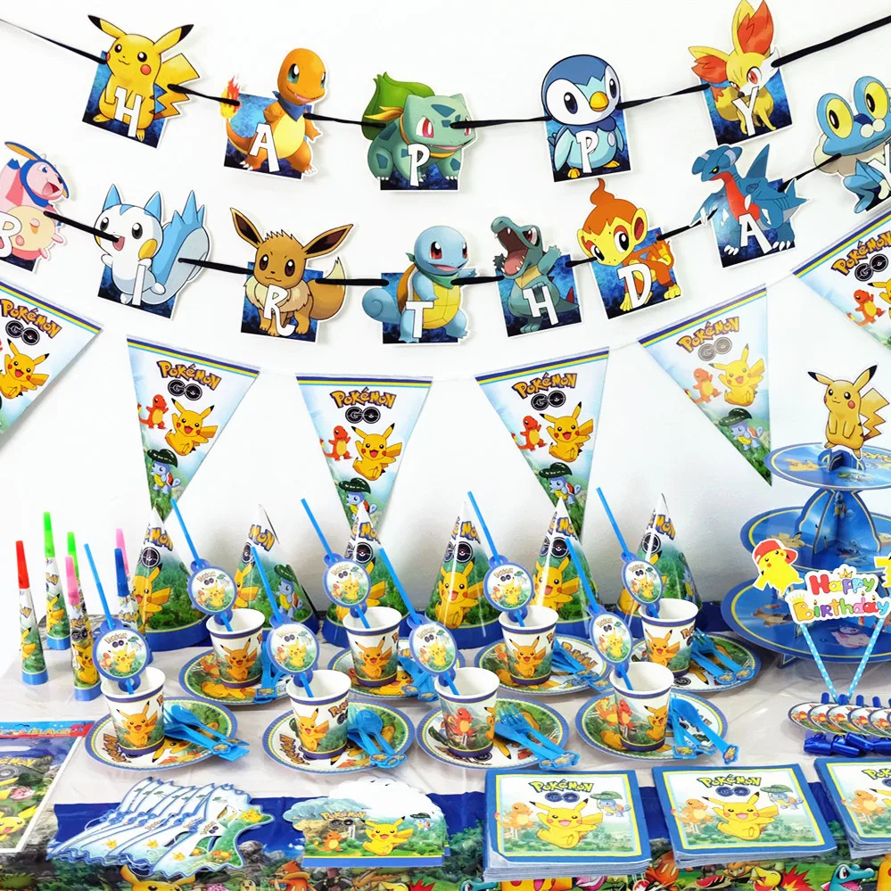 

Pokemon Pikachu Theme Party Tableware Plate Napkins Candy Box Banner Flags Kid's Birthday Party Decorations Supplies