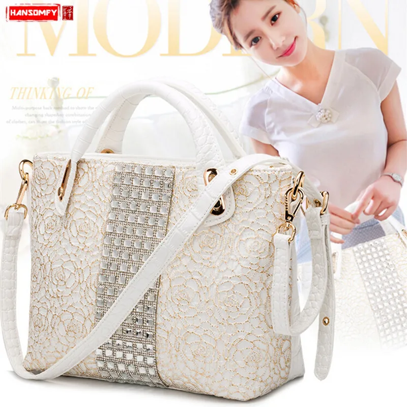 

2019 Luxury fashion dismonds Women handbags leather female shoulder slung shell bag flowers lady white rhinestone messenger bags