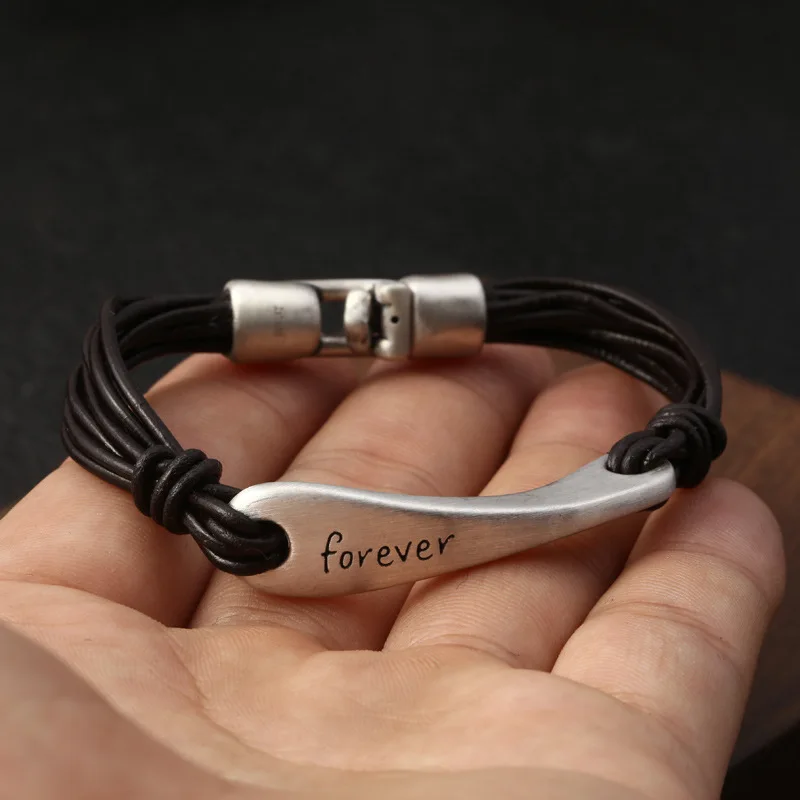 Настоящее Серебро S990 с надписью "Forever Love", женские браслеты с кожаной веревкой, браслет, новинка, мужской браслет, ювелирное изделие