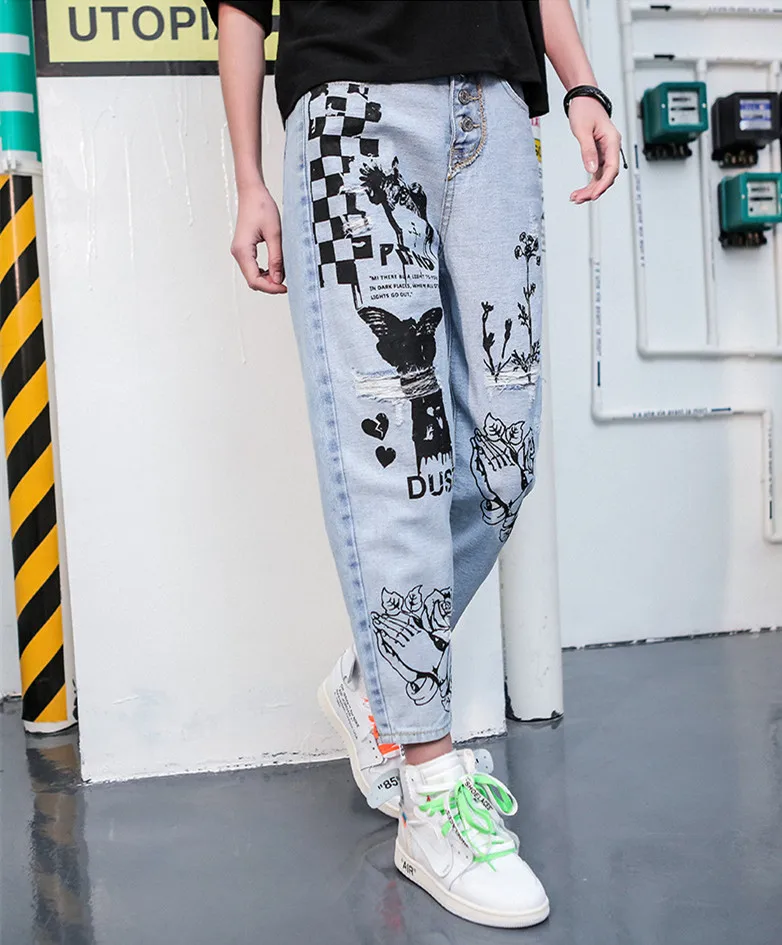 

Student Vintage Design High Waist Denim Pants High Street Holes Harem Pants Casual Graffiti Printed Ankle-Length Pants