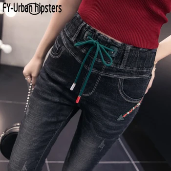 

plus size elastic waist womens calf length jeans Lace up Summer jeans high waist Slim fit pants black Retro denim ripped