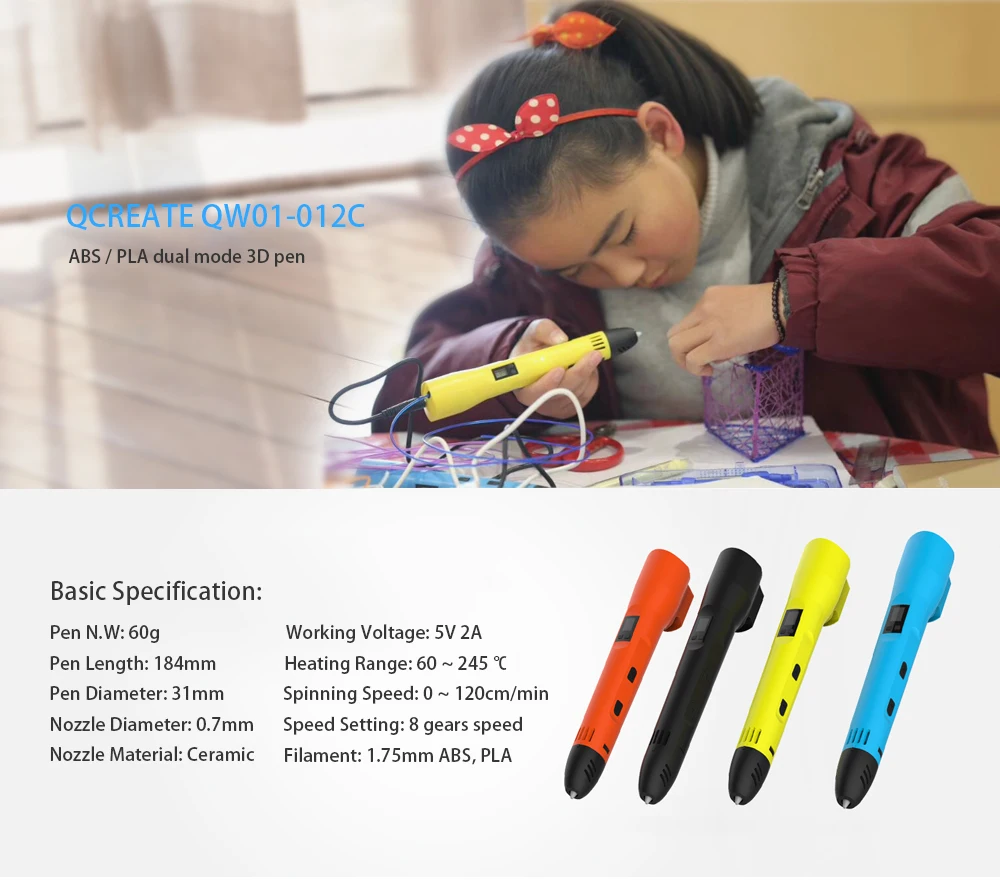 QCREATE 3D Ручка ABS PLA двойной режим 3D печать Ручка ЖК-дисплей регулируемая температура нагрева 8 скоростей добавить 100 м ABS нити