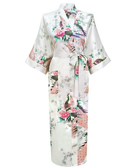 Красное модное женское длинное кимоно Павлин банный халат ночная сорочка халат юката пижамы с поясом S M L XL XXL XXXL - Цвет: white