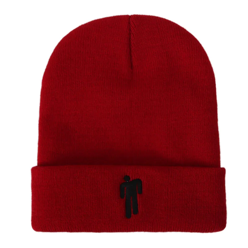 Billie Eilish Beanies, зимние вязаные шапки для женщин, шапки с вышивкой для маленького человека, Мужская Осенняя шапка, женская шапка в стиле хип-хоп - Цвет: Wine Red Black Logo