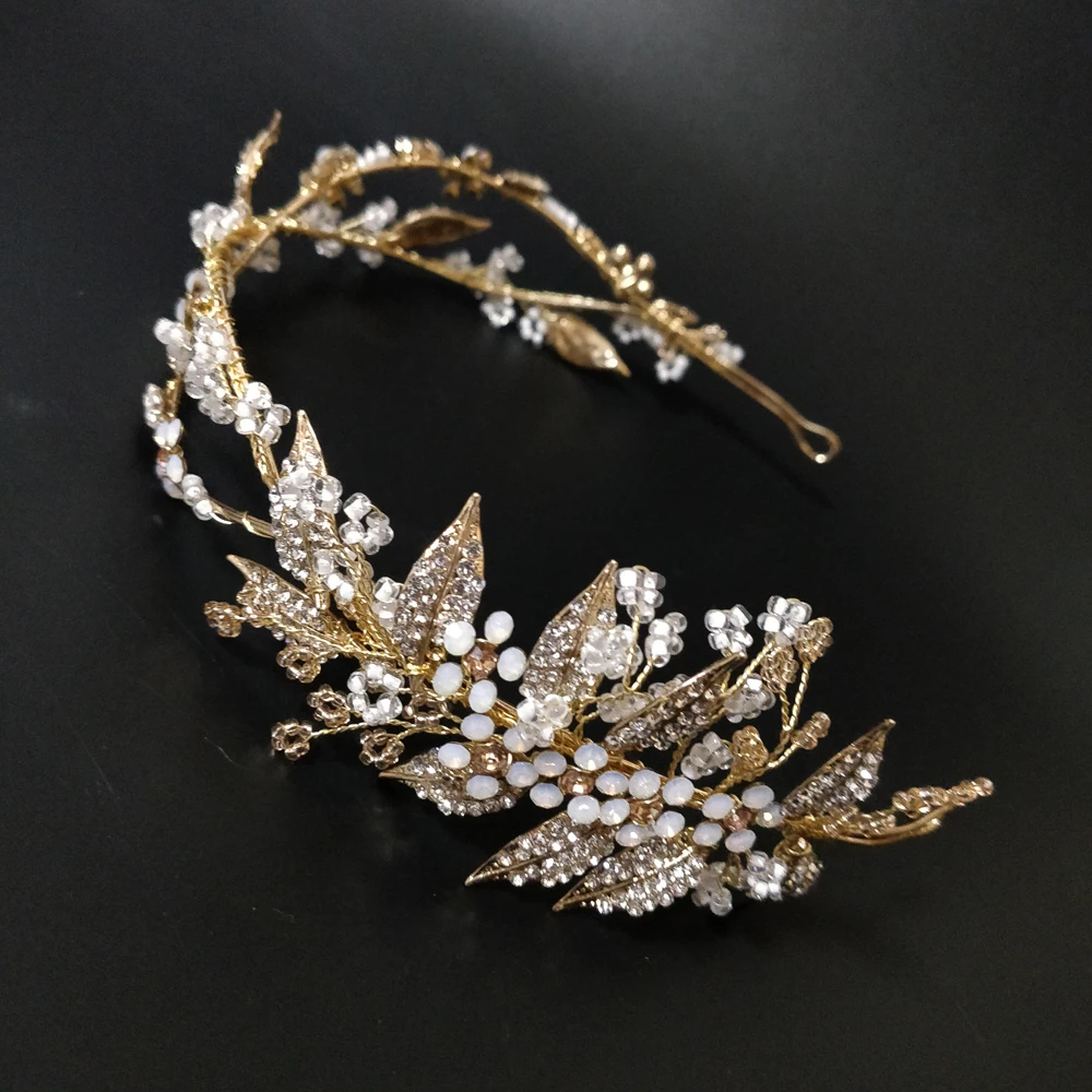 Vintage Bridal Headband Rhinestone Beaded Wedding Tiara Antique Gold