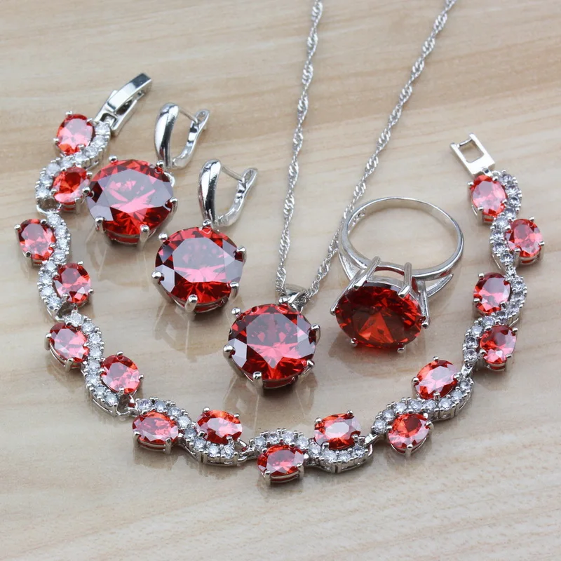 

AAA+ Quality Bridal 925 Silver Wedding Jewelry Sets With Natural Red Garnet Zircon Earrings/Necklace/Bracelet/Ring For Women Set