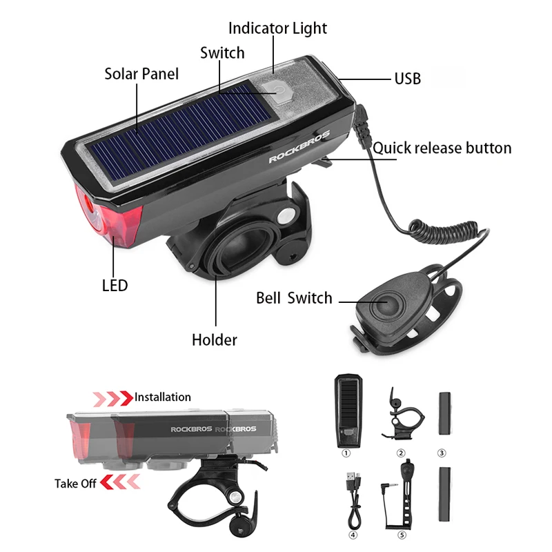 Top ROCKBROS IPX4 Waterproof Bicycle Headlights 2000 mAh USB Solar Charging Bike Light Bike Bell 120 dB Smart Switch Multiple Modes 4 Top ROCKBROS IPX4 Waterproof Bicycle Headlights 2000 mAh USB Solar Charging Bike Light Bike Bell 120 dB Smart Switch Multiple Modes 4