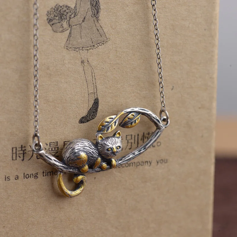 

Genuine Sterling Silver 925 Cat Pendant For Women With Branches Leaves Retro Antique Personalized Pendant Bisuteria