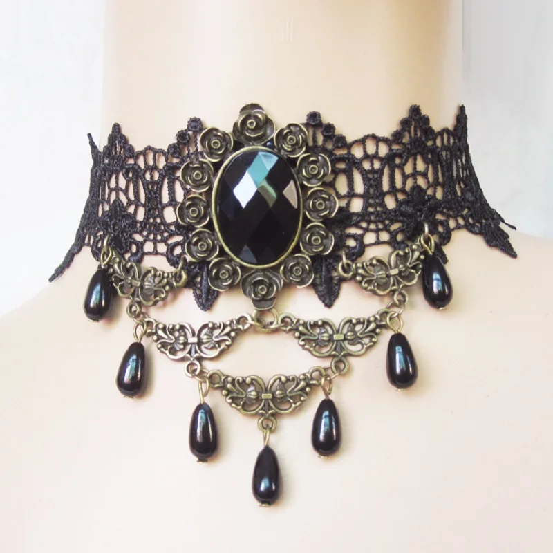 Hot Black Lace Exaggerated Chokers Necklaces Water Drop Rhinestone Alloy Vintage Collar