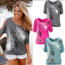 Plus Size 5XL 2019 Summer Women Blouses Casual Short Sleeve Tops Tees Sexy Off Shoulder O-neck Feather Print Blouse Shirt Blouse chic round neck raglan sleeve feather print blouse for women