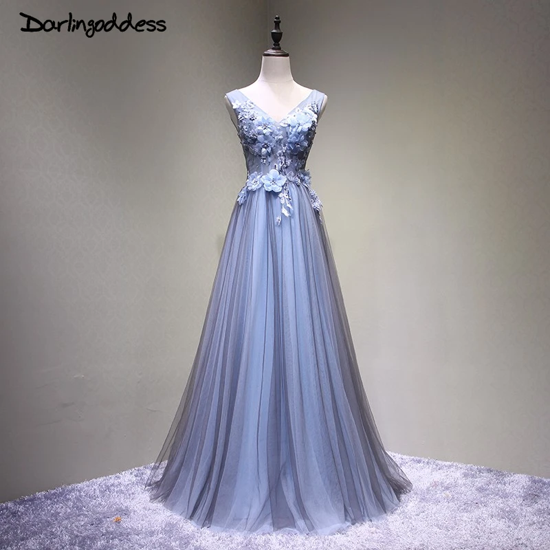 High Quality 3D Flowers Dark Blue Prom Dress Luxury A Line Double V