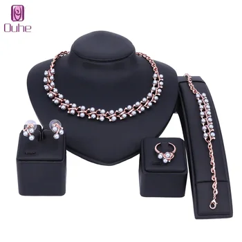 

OUHE High Quality Classic Imitation Pearl Necklace Gold-Color Jewelry Set Women Clear Crystal Elegant Party Gift Fashion Costume