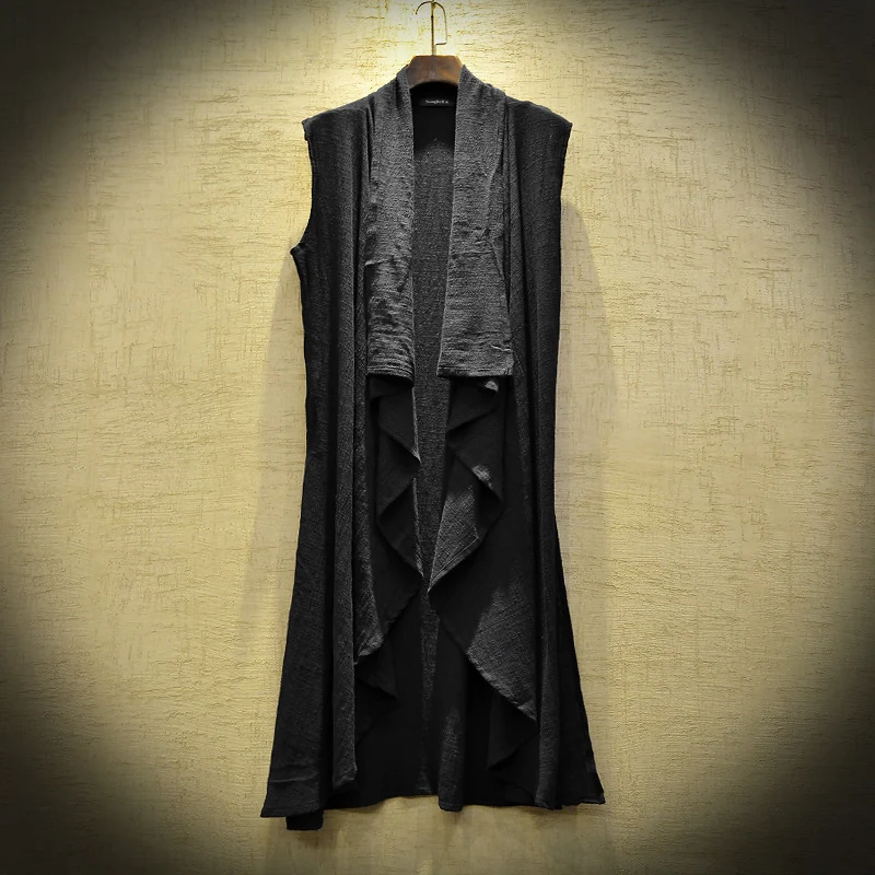 

MIXCUBIC 2019 summer British style Unique shawl linen Vest men Long section casual loose shawl linen Waistcoat for men