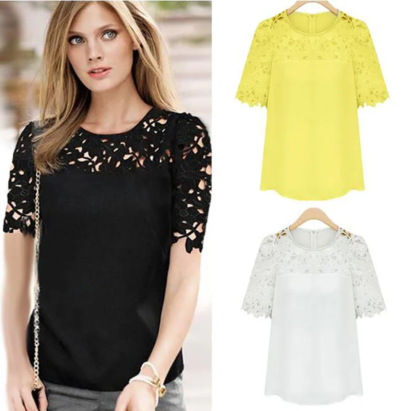 2017 Women Short Sleeve Blouse Tops Lady Hollow Out Lace Sexy Floral Blouses Yellow Black Summer