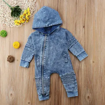 

Spring Baby Boy Girl Bodysuit Long Sleeve Solid Print Newborn Denim Hoodie Jumpsuit