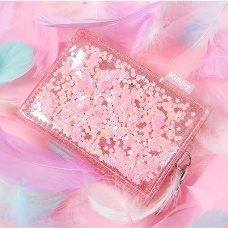 Летний кошелек из ПВХ для женщин с блестками, держатель для кредитных карт, мини-кошелек, складной кошелек для монет, сумка на шею - Цвет: pink