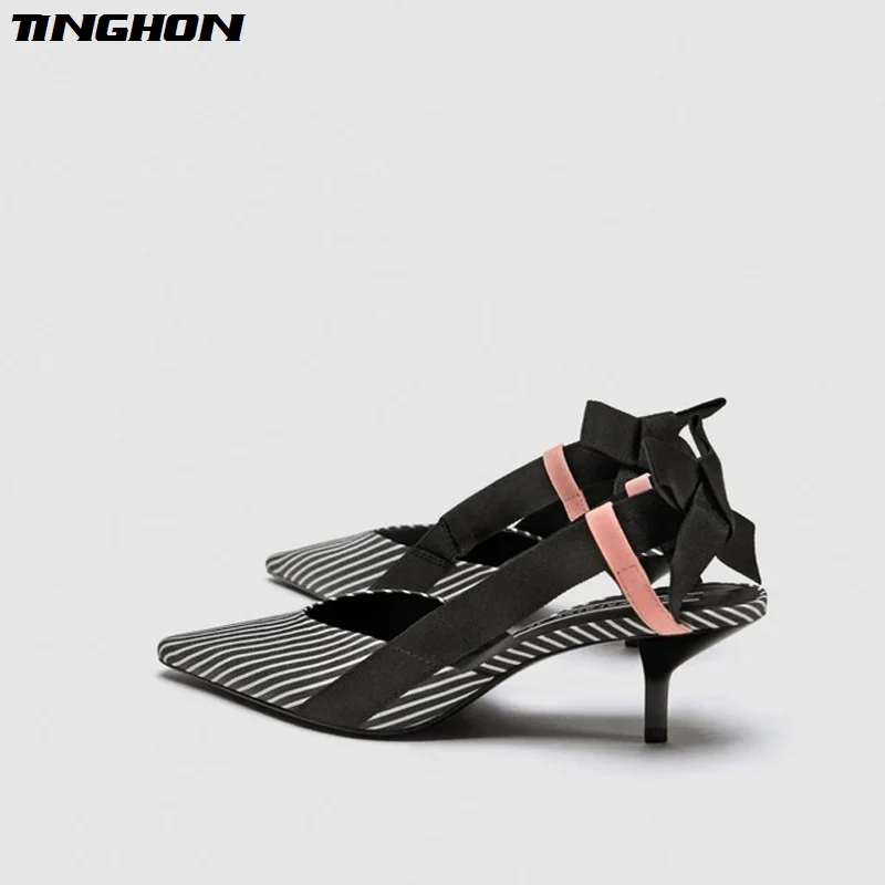 

TINGHON Stripe Kitten Heel Women Mules Pointed Toe Bowtie Women Sandals High Heels Summer Slip on Shoes
