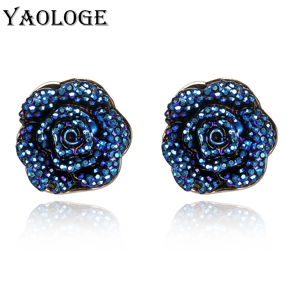 YAOLOGE, новинка, голубые розы, ушные клипсы без ушей, для девушек, свадебные ювелирные изделия, многослойный цветок из смолы, Женские аксессуары, подарок