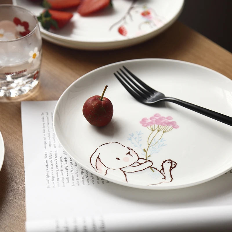 NOOLIM 1PC 8 inch Ceramic Dinner Plate Rabbit Animal Dinner Dishes Pasta Steak Dessert Plates Fine Bone China Kitchenware