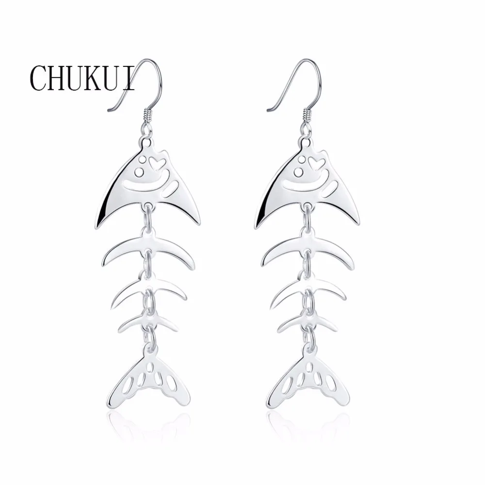 

CHUKUI Silver Fish Bone Brass Animal Drop Dangle Earrings For Women Fashion Jewelry Boho Earrings Hot Sale