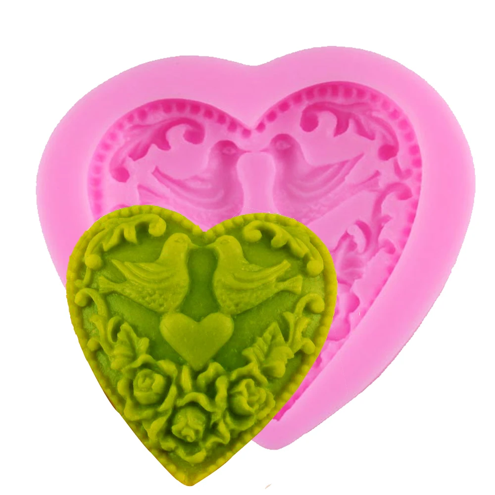 F1014 Frete Gr&aacute;tis Nova Baking Molde Do Bolo Fondant Decora&ccedil;&atilde;o Do Bolo de Casamento do P&aacute;ssaro do Amor Do Cora&ccedil;&atilde;o Em Forma de Molde de Silicone Molde Sab&atilde;o