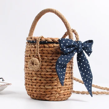 

Hand Woven Straw Beach Bag Leisure Cross Bucket Silk Towel Grass Woven Bag 2019 New Woven Women's Single Shoulder Cross Body Bag