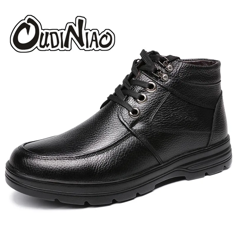 

OUDINIAO Ankle Men Boots Plush Lace Up Warm Winter Men Shoes Anti Skidding Winter Shoes Men Black Brown Safety Shoes 2018