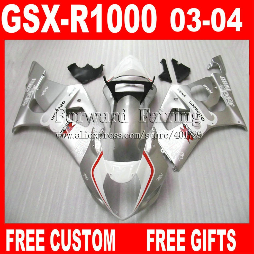 

ABS plastic Fairings for 2003 2004 SUZUKI GSXR1000 K3 fairing set GSXR 1000 03 04 kits silvery flat black 7 gifts XL423