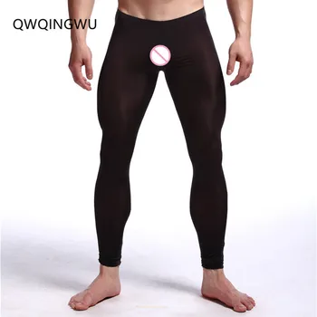 

Sexy Men Long Johns See-Through Pants Tights Ice Silky Leggings Trousers Underwear U Convex Mens Wrestling Singlet Long Johns