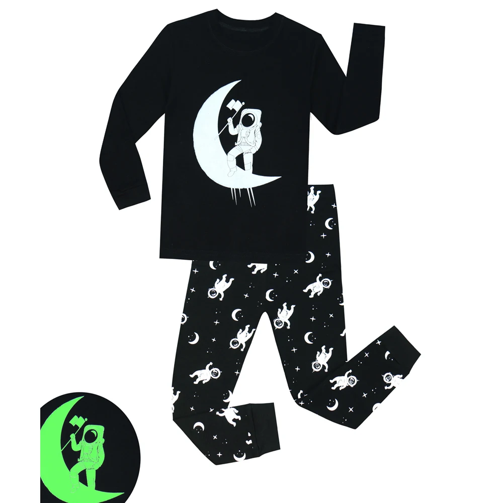 

100 Cotton 2 pieces Boys Pajama Kids Glow in the Dark Astronaut Printing Pajamas Pijamas Kids Pijama Unicornio Infantil 1-8 Year