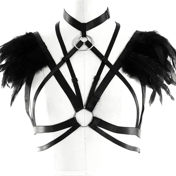 

Feather Epaulet Bondage Harness Unisex strappy Lingerie cage top with Garter Belts Leg Harness Women Costume Boho Feather