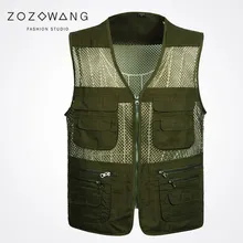 Zozowang 2017 new solid v-neck zipper spring summer autumn plus size 3XL waist coat men fashion Multi-pocket vest men Khaki