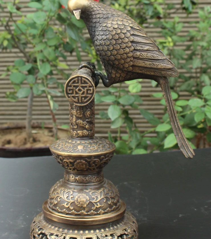 

13" Chinese 100% Pure Bronze Copper Folk Dragon Bird Handle Candlestick Holder