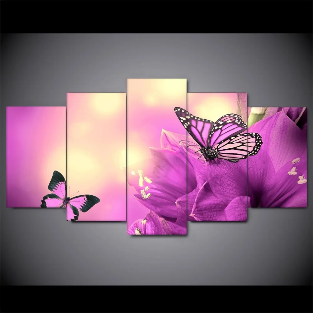 Free Shipping 5 Panel Modular HD Printed Painting PURPLE BUTTERFLY wall
