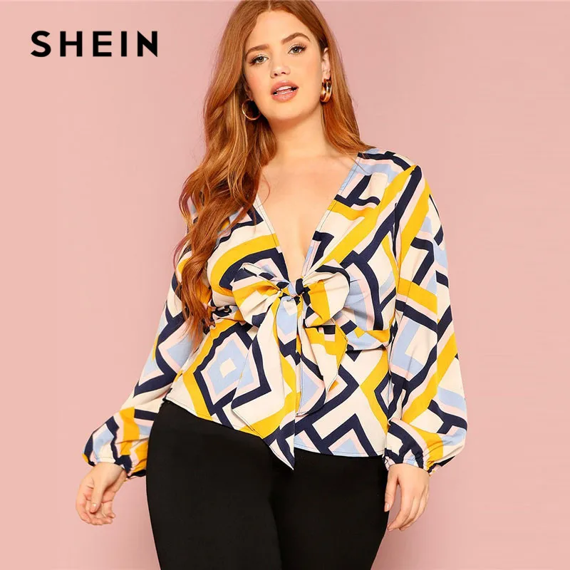 SHEIN Стильный Топ Размера Плюс С V-Образным Вырезом Женские Многоцветные Повседневные Блузки С Длинными Рукавами