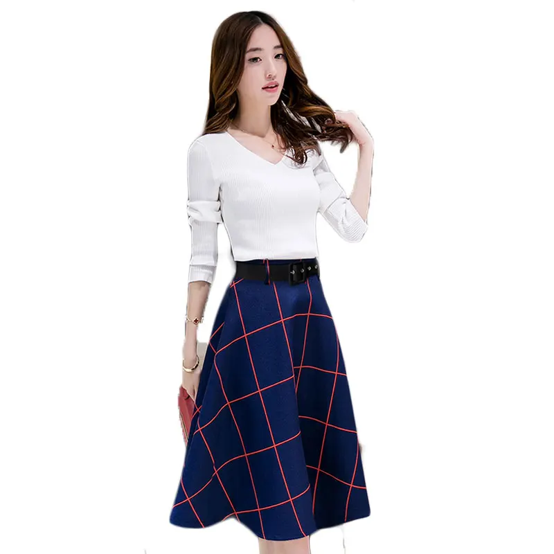 

Women V Neck Slim Knittwear Top And Plaid Long Skirt 2 Piece Clothing Set New Knitted Suits Autumn Design Fashion Outfit Apparel