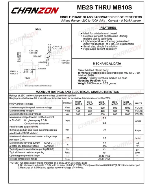 4 Ponti Raddrizzatori MB10S SMD - 1000V 0.5A, Formato SOIC-4, Per Circuiti Elettronici - Foto 2