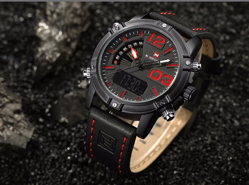 New NAVIFORCE Men Watch Dual Time Zone Alarm LCD Sport Watch Mens Quartz Wristwatch Waterproof Dive Sports Digital Watches